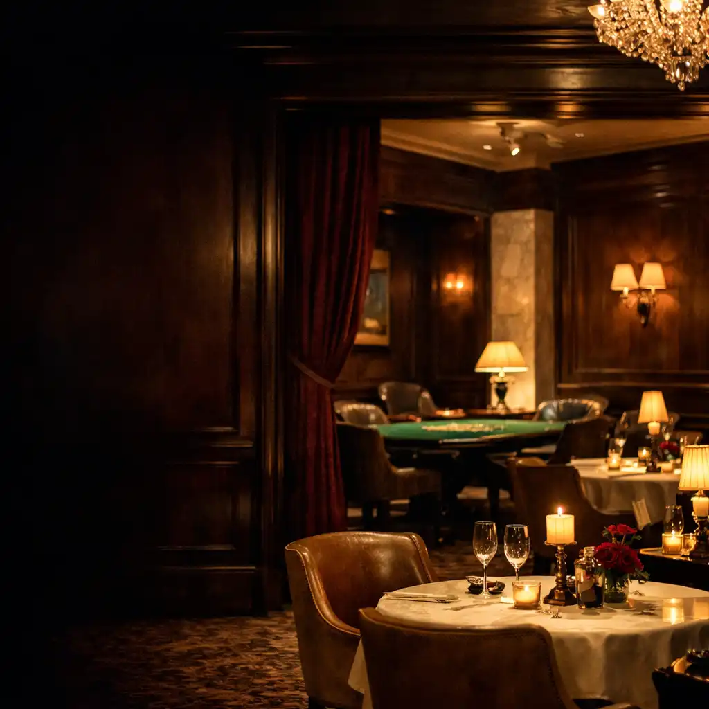 Wieczorne wnętrze Casino Lounge z orzechowym drewnem, burgundowymi detalami i ciepłym światłem