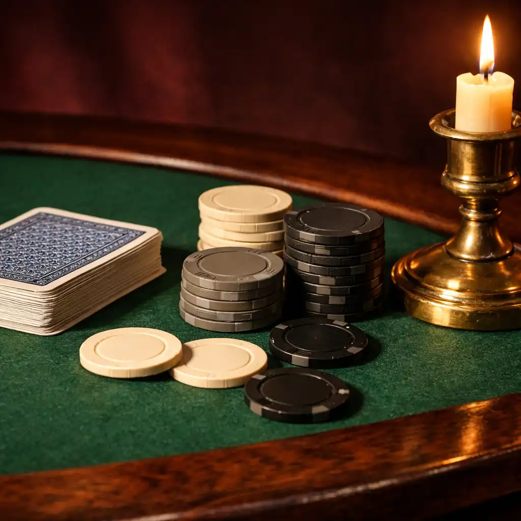 Detal stołu card lounge z talią kart, zielonym suknem, żetonami i świecznikiem