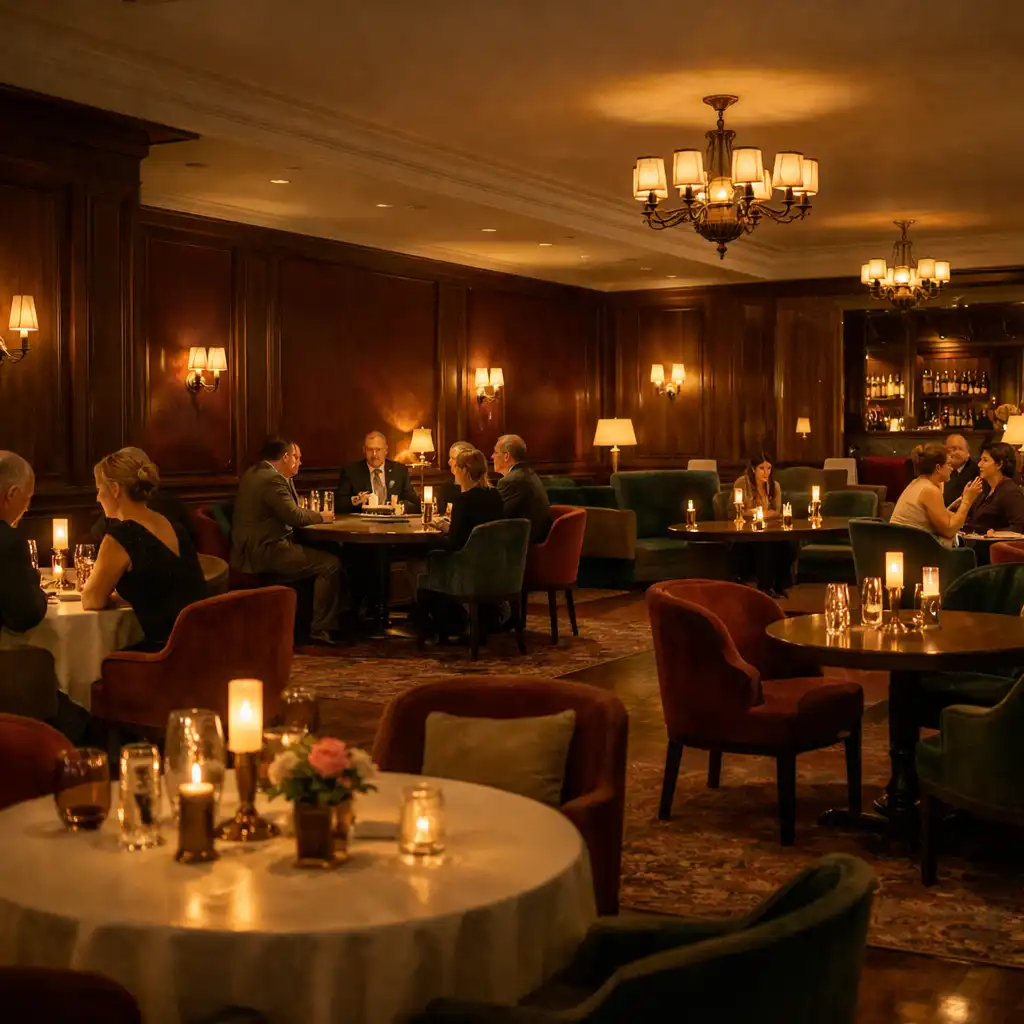 Szerokie nocne wnętrze restauracji i Casino Lounge z eleganckimi stolikami oraz ciepłym światłem