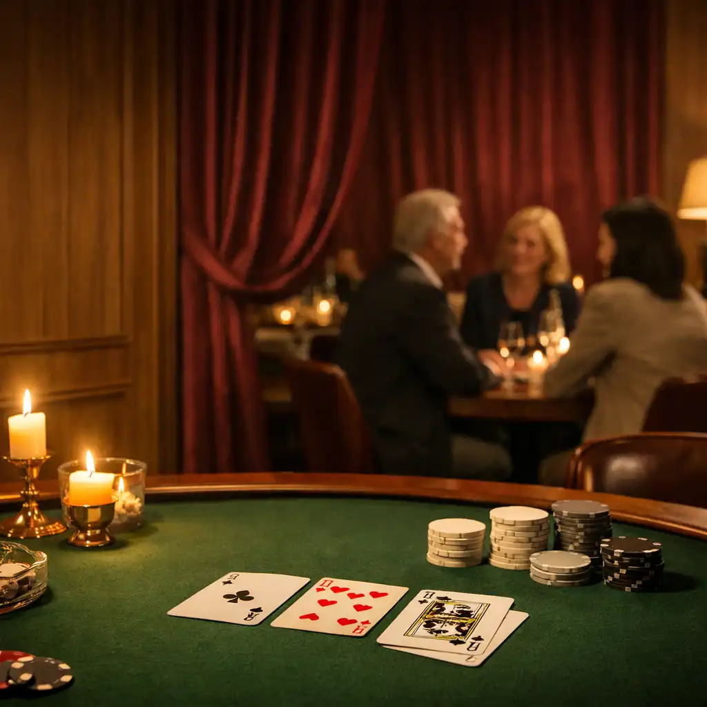 Fizyczny stół card lounge podczas spokojnego wieczoru Casino Night