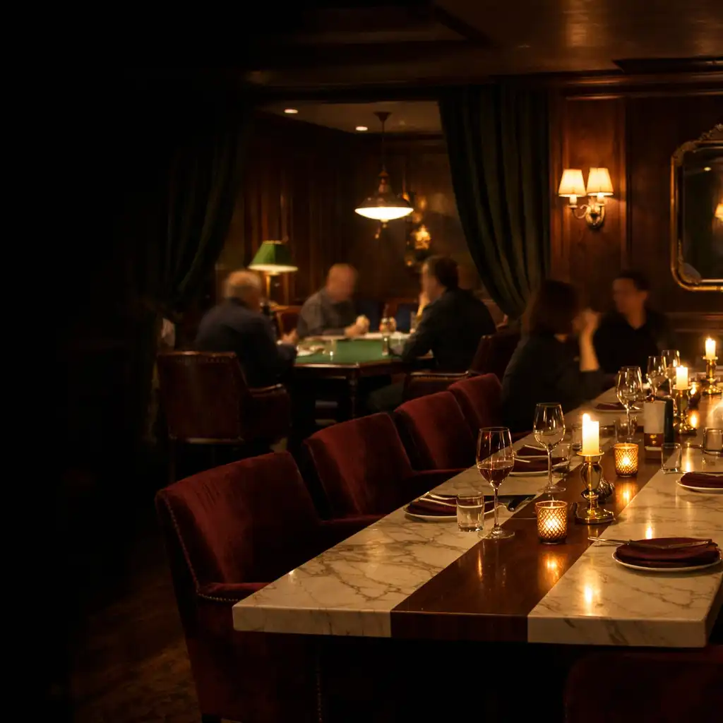 Nocne wnętrze Lunve Xaro z restauracyjnymi stołami i dyskretną strefą lounge