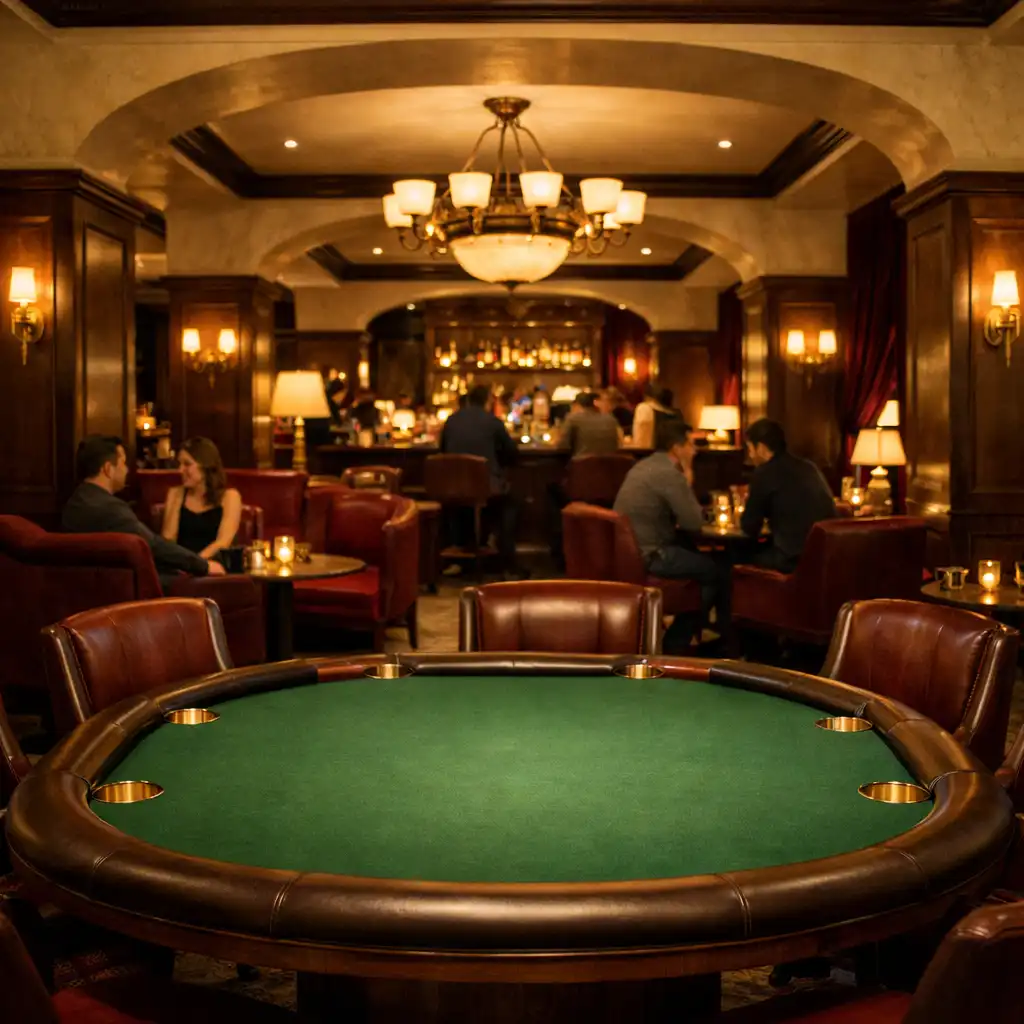 Wnętrze Casino Lounge z zielonym stołem pokerowym, marmurem i ciepłym światłem