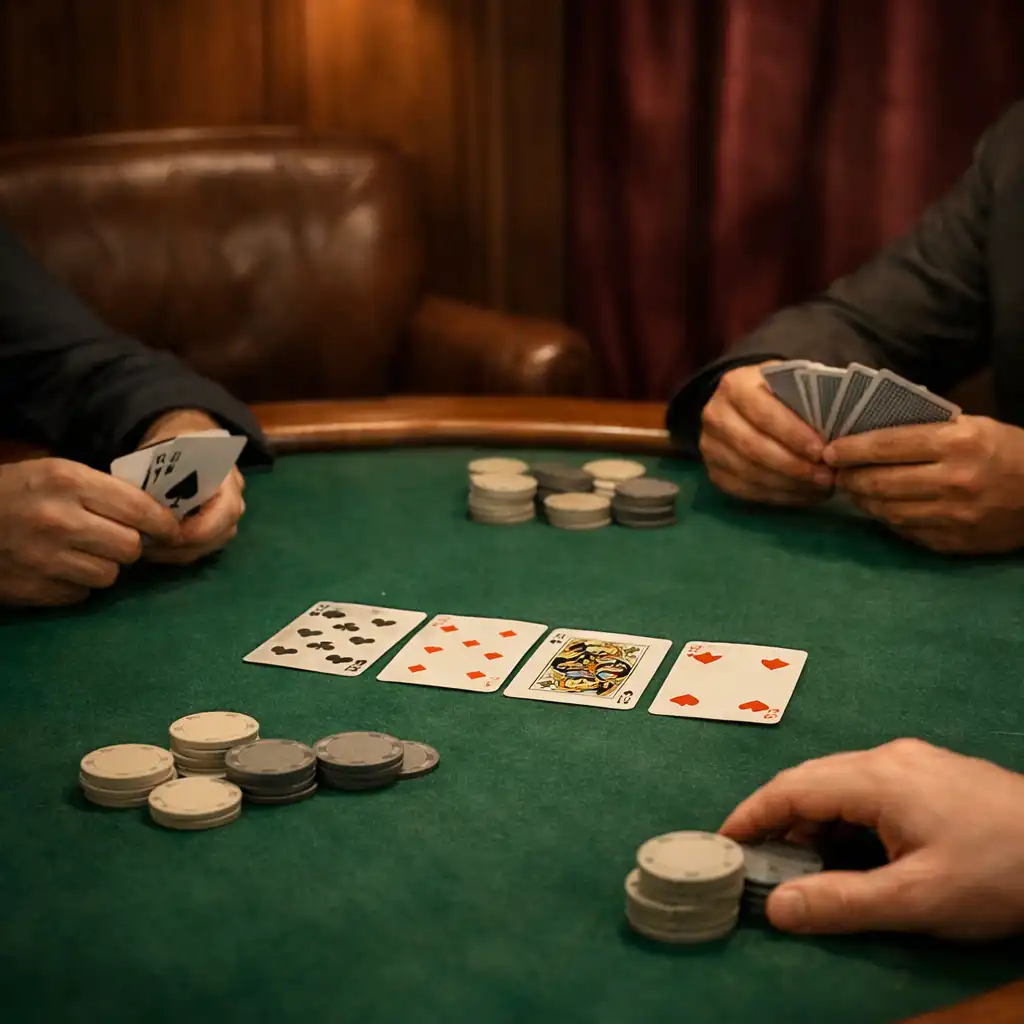 Dłonie przy kartach i neutralnych żetonach na zielonym filcu stołu pokerowego