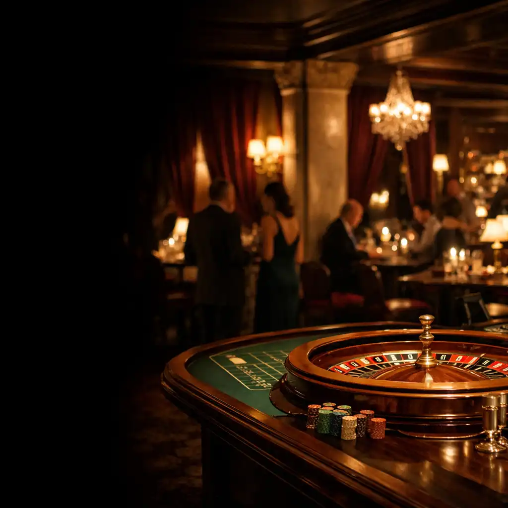 Fizyczny stół ruletki w ciepło oświetlonym wnętrzu Casino Lounge