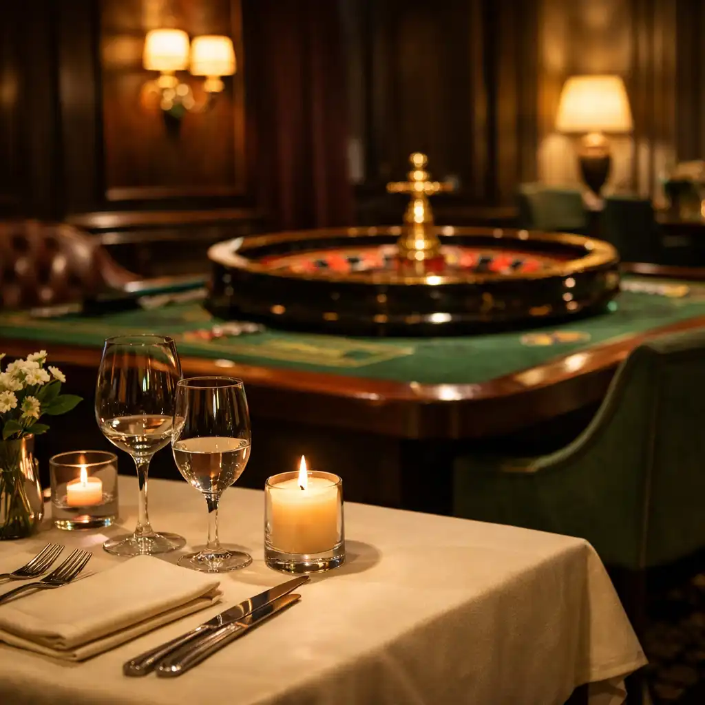 Elegancko nakryty stół restauracyjny z dyskretnie widoczną strefą lounge w tle